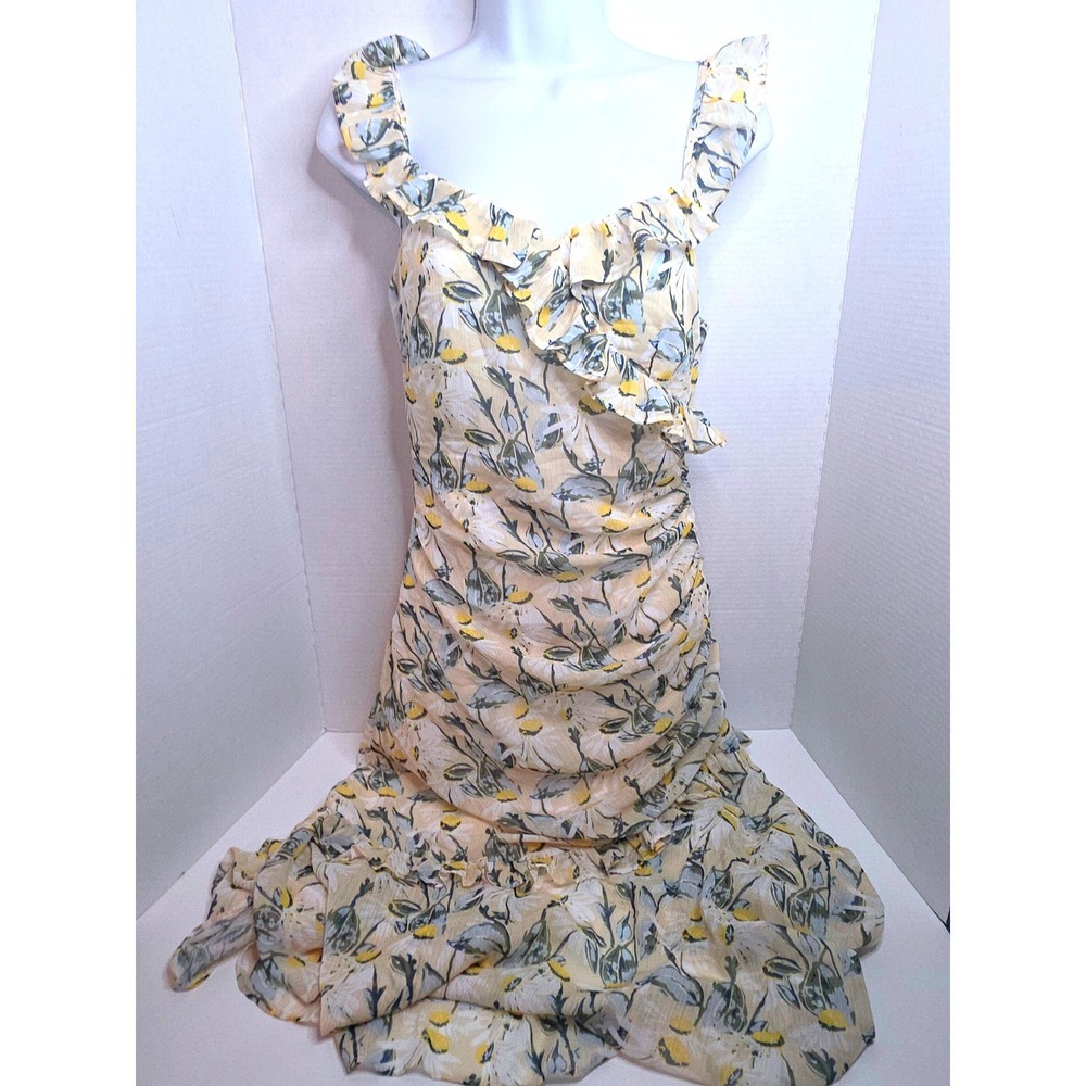 Toss For Girls Yellow Floral Ruffle Midi Dress Ruched Side Slvls Flounce Hem XS